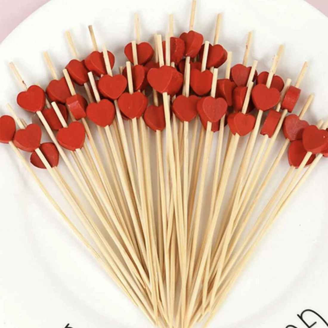 100 Stück rot rosa Herz Bambus Pick Buffet Cupcake Obst Gabel Dessert Cocktail für Valentinstag Party Supplies – Detail 2