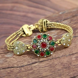 Wbmqda Vintage Crystal Flower Bracelet For Women Colored Gemstone Setting Hollow Out Gold Plated Design Bridal Wedding Jewelry