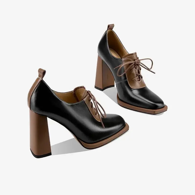 Novas bombas femininas de dedo quadrado, sapatos de renda da moda, salto alto bloco, cores misturadas, estilo britânico, preto, bege, dropship