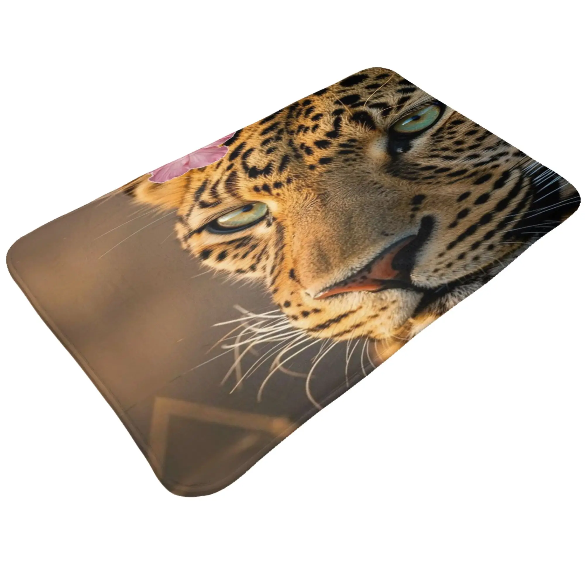 Leopard With Pink Flower Head Anti-Slip Doormat Bath Mat  Welcome ModernDecor