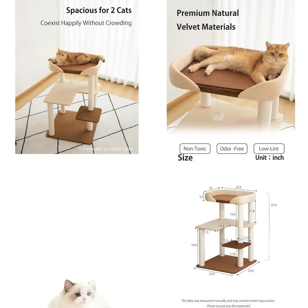 

Большое кошачье дерево с широкими полками, хлопковыми когтеточками, прочным основанием, уютными жердочками и интерактивными игрушками, кремовый 37,4