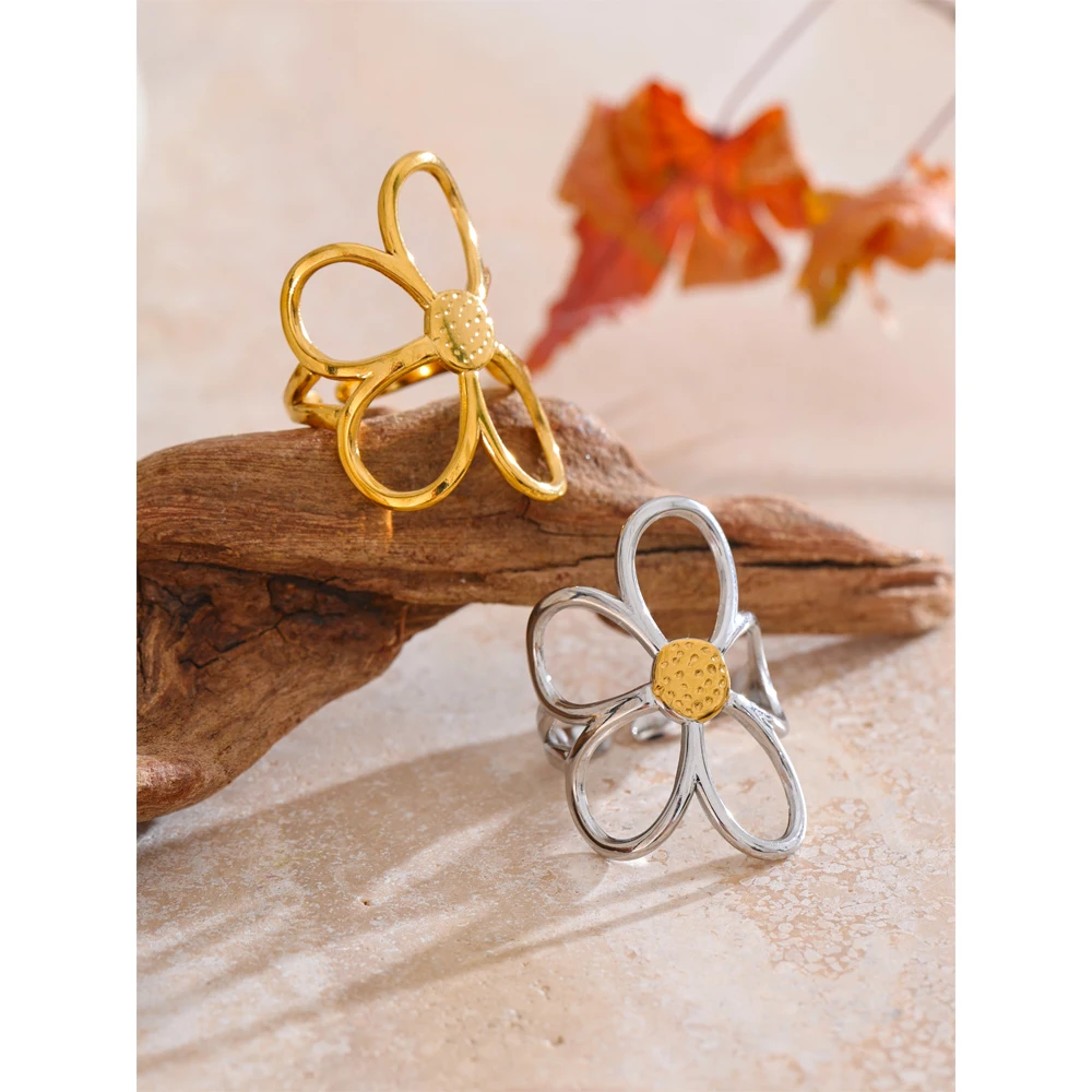 Yhpup Trendy Stainless Steel Metal Flower Adjustable Fashion Finger Ring Rust Proof Attractive Daily Jewelry Accessories Gift