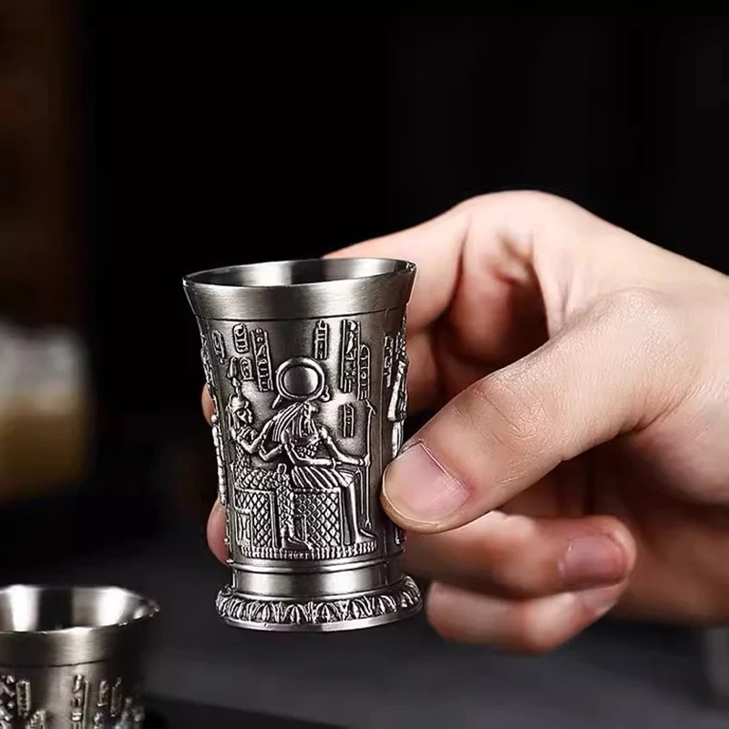Oude Egypte Totem Art Reliëf Retro Bronzen Likeur Wijn Glas Vermout Absint Cocktail Cup Metal Liquor Wodka Klein Wijnglas