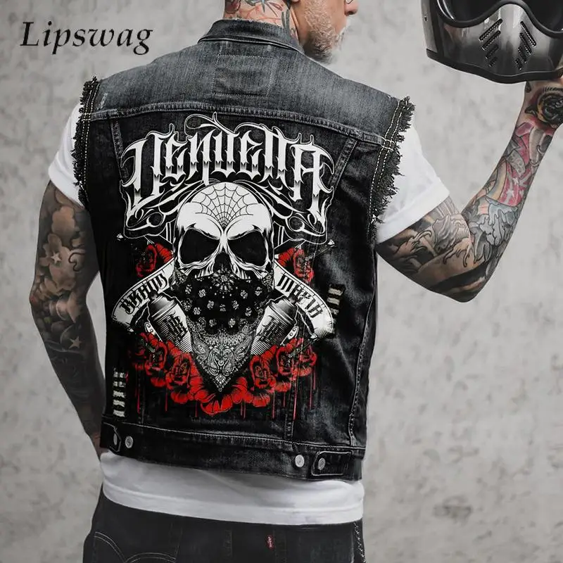 

Jean Waistcoats Mens Vintage Pattern Printing Slim Fit Denim Vest Jackets Men Spring Autumn Motorcycles Fashion Ripped Cardigans