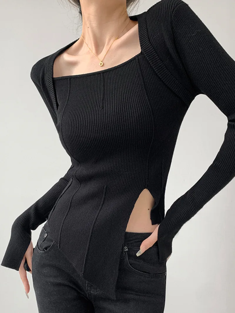 2024 Herbst/Winter neue Hong Kong Stil Retro quadratischen Hals geteilt unregelmäßigen Langarm Pullover Frauen solide schlanke kurze Top i3pr