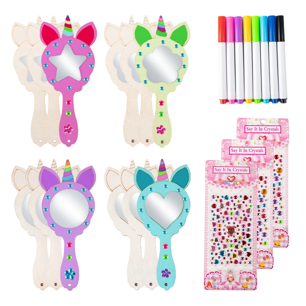 SOETDERT Lot de 12 miroirs licorne en bois à peindre pour enfants - Avec strass - Kit de bricolage pour anniversaire d'enfant - Cadeau de fête