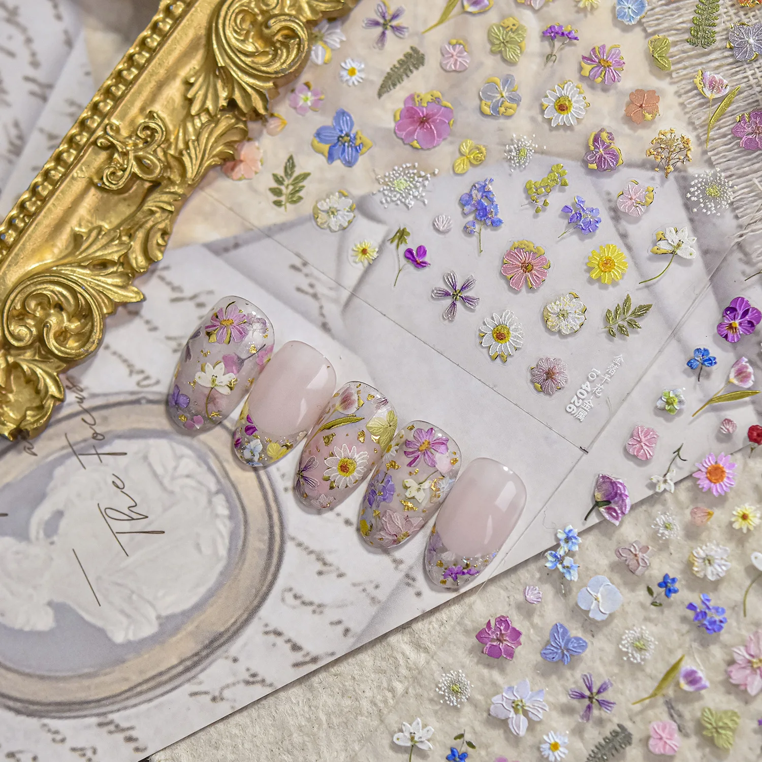 1pcs Gold Foil Dried Flower Relief Nail Stickers Colorful Oil Painting Flowers Fairy Nail Decals Frosted Floral Manicure Sliders