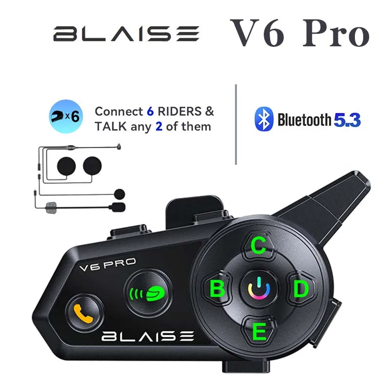 BLAISE Motorcycle Intercom Helmet Bluetooth Headsets V6 Pro Communicator Up to 6 Riders Interphone 1000M with Music Sharing