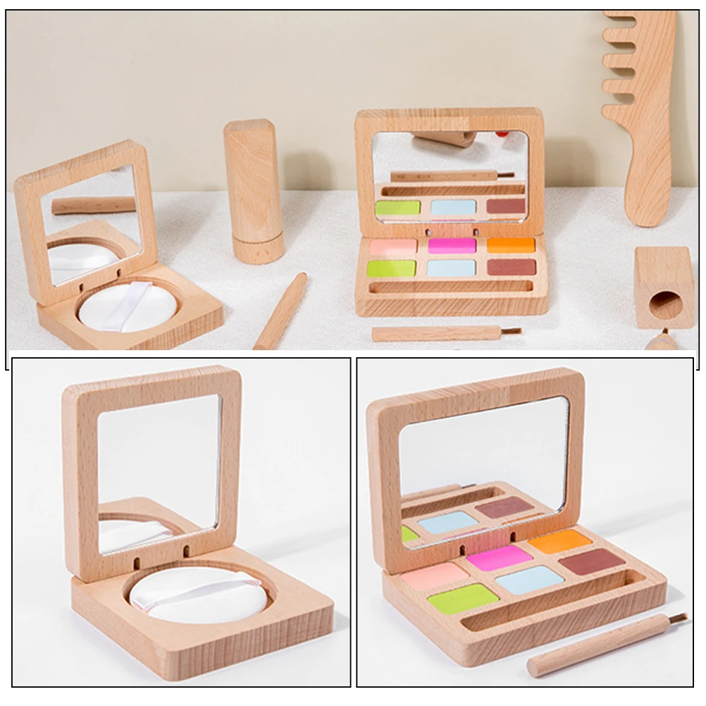 

Makeup Toys Kit for Girls Kids Hair Salon Playset Blush Log Pretend Wooden Beauty Child