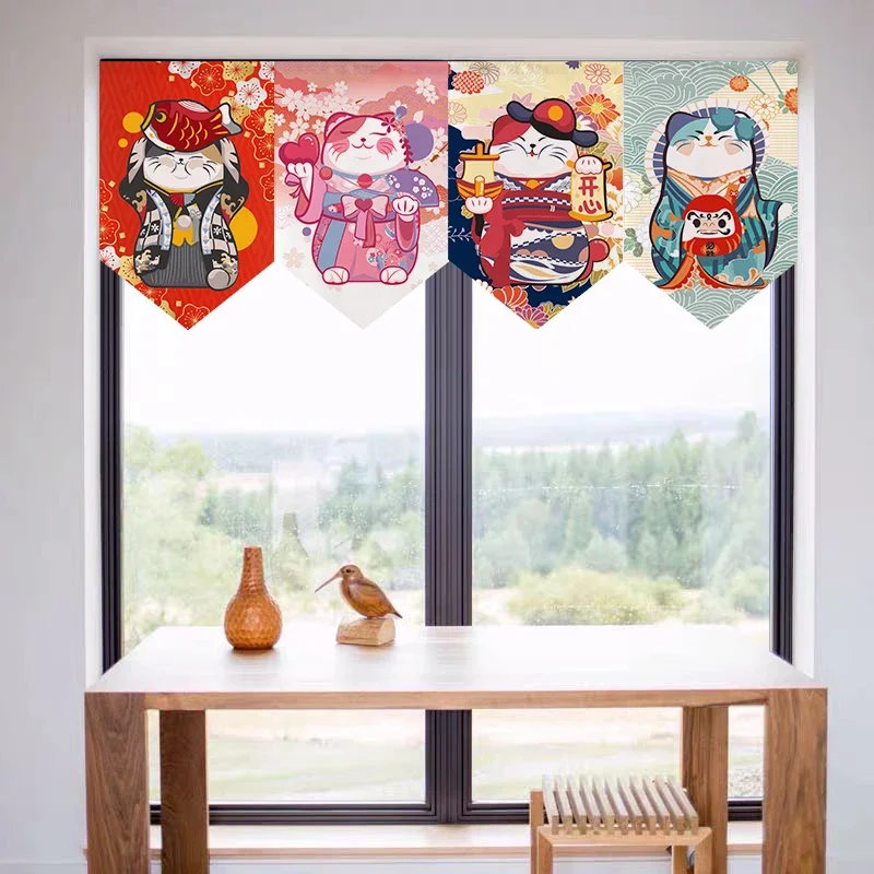 Cartoon Lucky Cat Curtains Japanese Short Door Curtain Kitchen Partition Half-curtain Living Room Home Decor Hanging Curtain