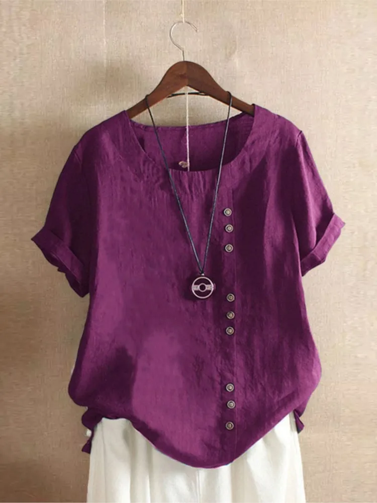 

Women's Fashion Solid Shirt Top Casual O Neck Short Sleeve Button Pullover Shirts Tops For Women Summer Womens Clothing New 2025