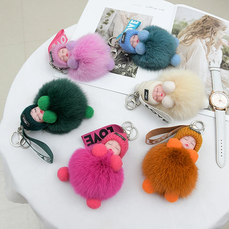 Sleeping Baby Key Ring Cute Fluffy Plush Doll Keychains Cute Women's Bag Pendant,sleep Doll Car Keychain Pendant