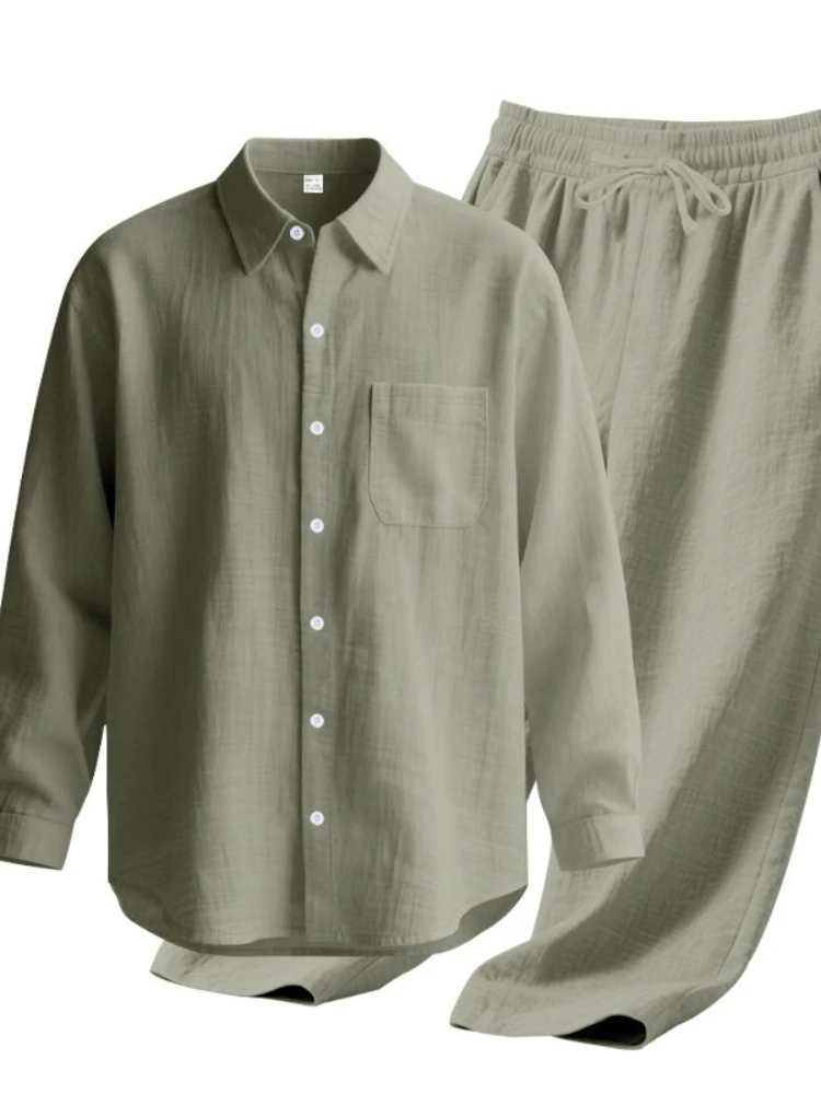 

Men Casual Cotton Two Piece Sets 2026 Europe Style Notched Collar Blouse and White Straight Pants Suit Male Beach Tracksuits Set