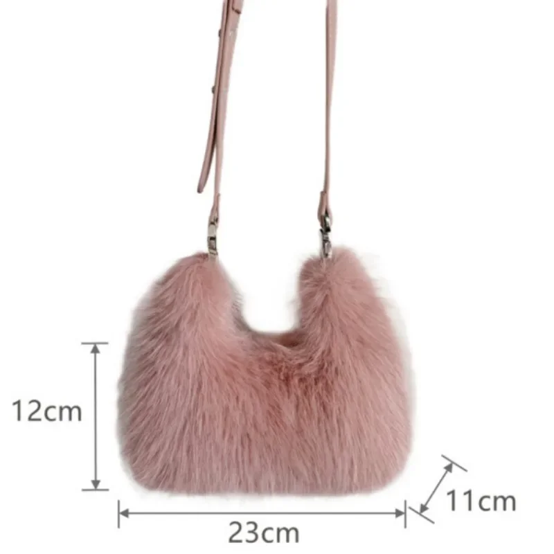 Women Plush Handbags Lady Shoulder Small Faux Fur Crossbody Bag  Long Wool Half-Moon Hobos Winter