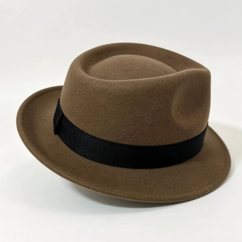 100% Australian Wool Vintage Fedora Hat Light Coffee Handmade British Felt Hat 4.5cm Brim 12cm Crown Casual Gentleman Hat