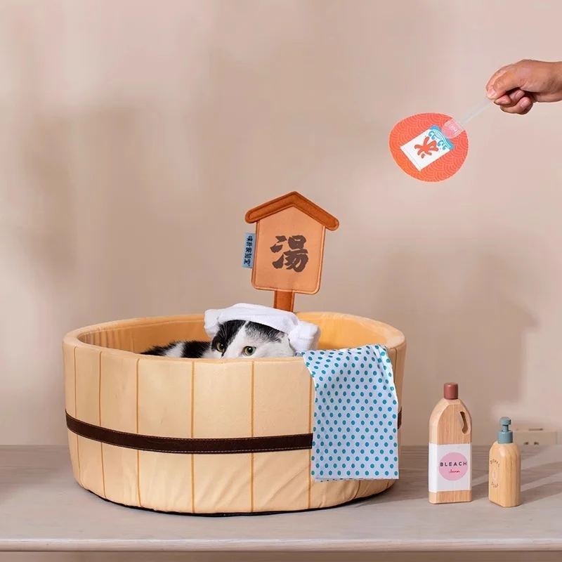 Piscina de aguas termales de estilo japonés, cama para gatos, forma de bañera, casa para perros, estera nido para gatos antiincrustante desmontable