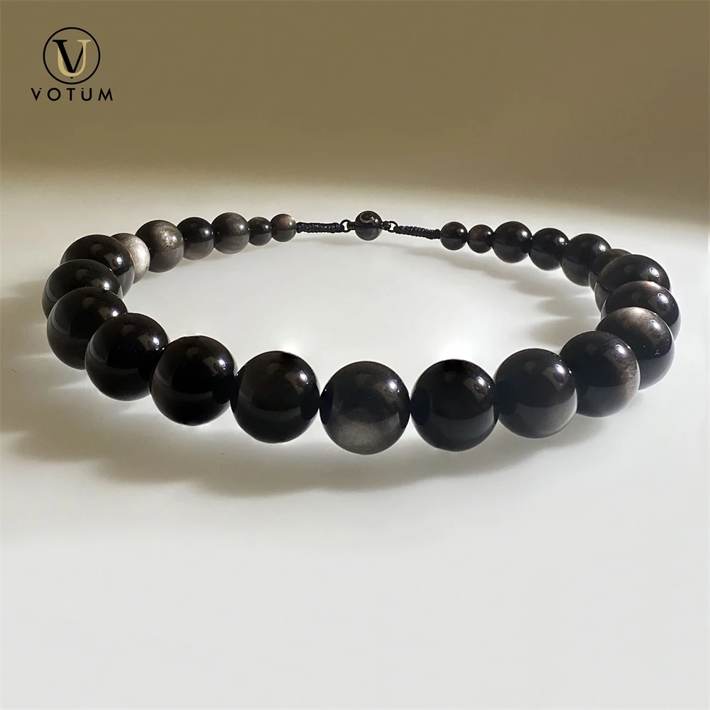 Votum Natural Silver Sheen Obsidian Beaded Necklace for Men Women Crystal Healing Energy Protection Stone Reiki Gift Necklaces