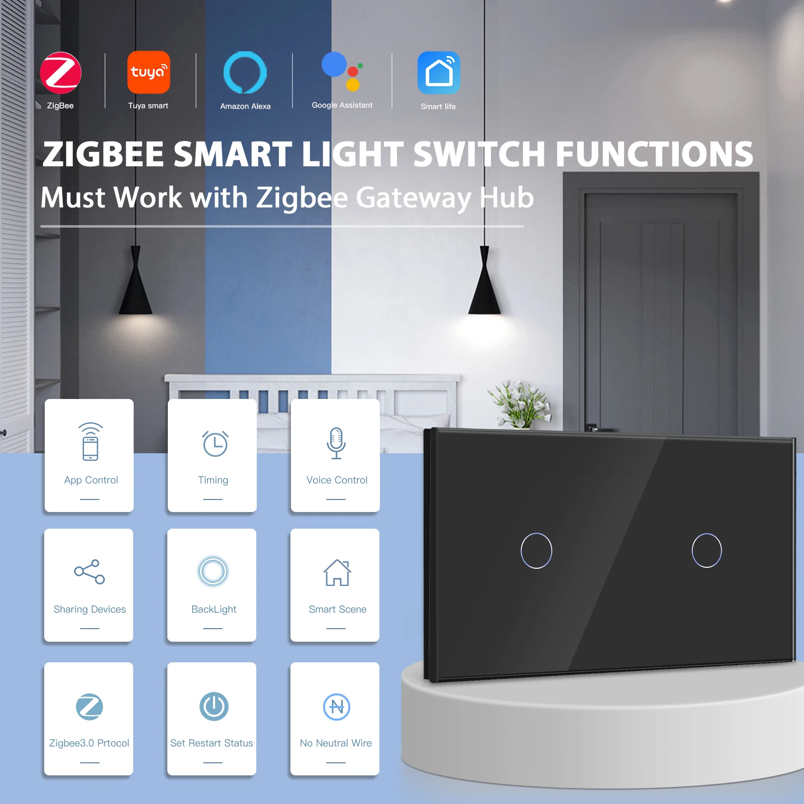 Bseed Zigbee 2/3/4/5/6Gang Smart Light Touch Switch Single Live EU Standard Tuya Smart Life Google Control Crystal Glass Panel