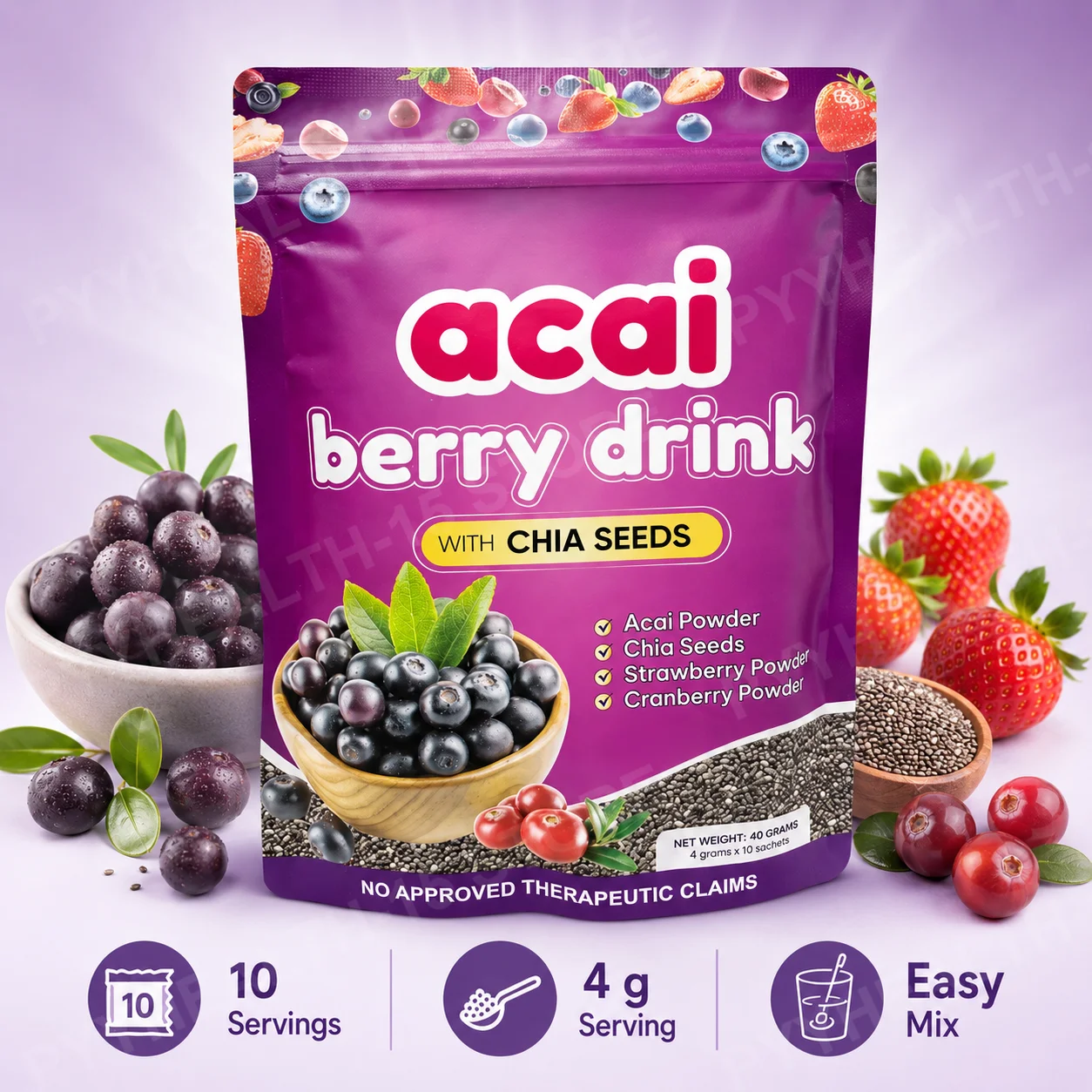 Bebida en Polvo de Acai con Semillas de Chía, Sabor Suave a Fresa y Arándano, Fácil de Mezclar, Bebida Diaria, 10 Sobres por Bolsa