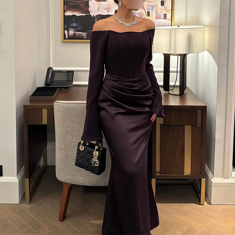 

Elegant Satin Boat Neck Long Sleeves Evening Dress Classic Mermaid Party Dresses Fashion Back Slit Customized Celebrity Gowns