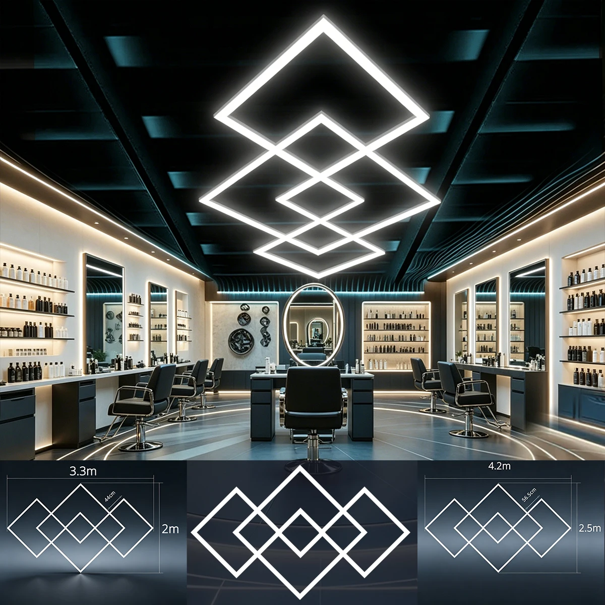 Customized Hair Salon and Barber Shop with Diamond Shaped LED Lights/288W Super Bright Material, lightweight and Easy to Install