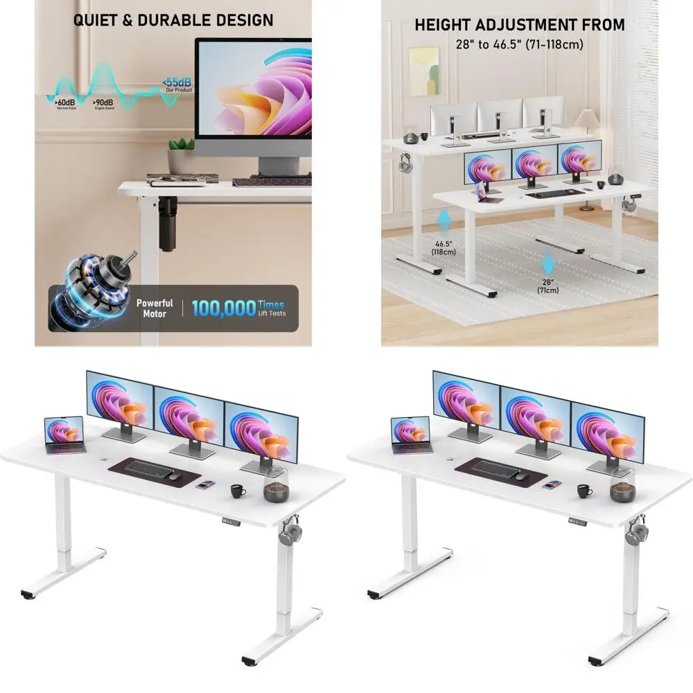 مكتب كهربائي كبير قابل لضبط الارتفاع، 63 × 24، أبيض، لوح مقسم، مكتب جلوس للمكتب المنزلي #1