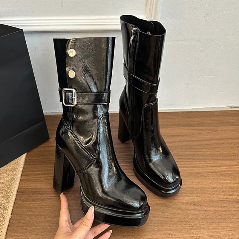 

Женские ботинки до середины икры на высоком каблуке, обувь на платформе, модные ботинки челси 2025 года, зимняя новая обувь на массивном кожаном каблуке, зимние ботинки в готическом стиле, Botas Mujer