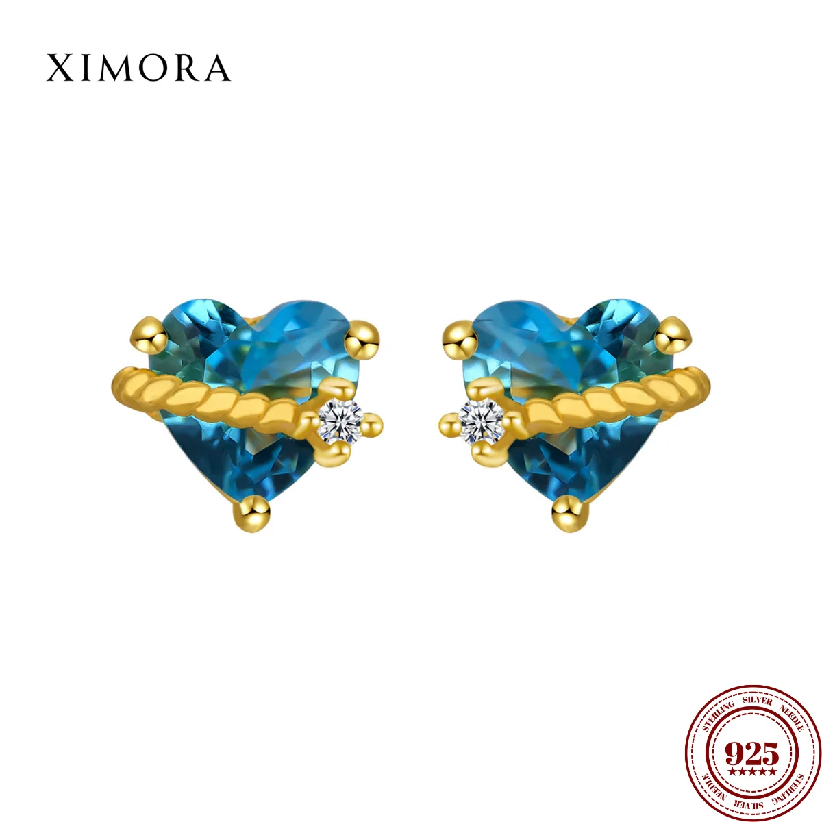 

XIMORA S925 Sterling Silver Aquamarine Zircon Heart Planet Stud Earrings for Women Fresh Sweet and Unique Small-Batch Earrings