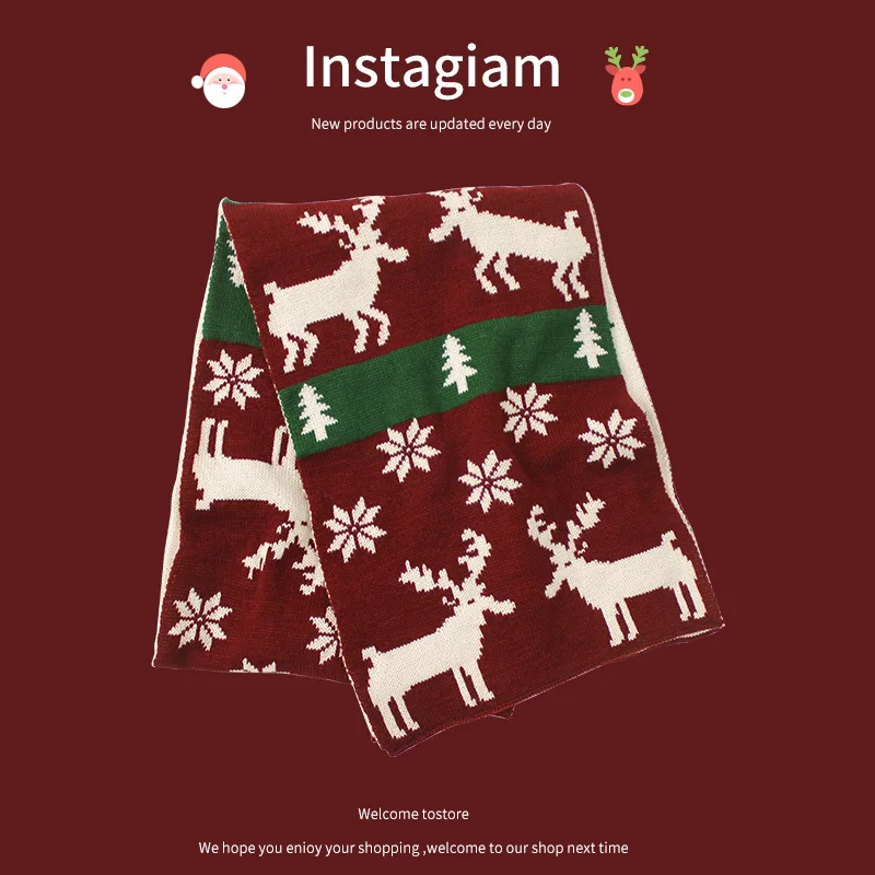 

Женский шарф с оленями, осенне-зимний универсальный милый длинный вязаный шарф для девочек, зимнее тепло