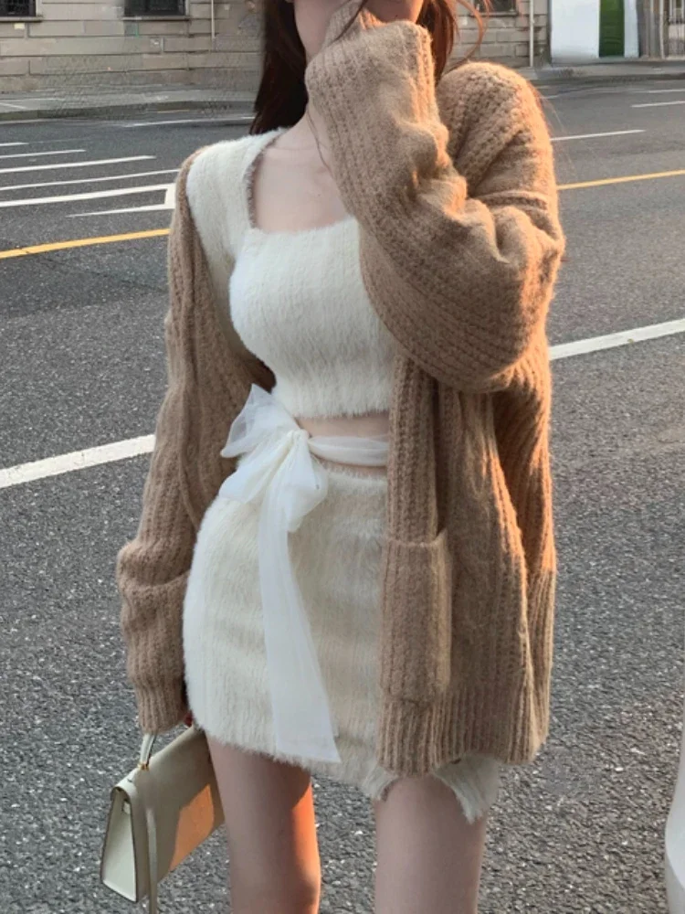 2024 autumn sweater knitted suits female elegant 2 piece dress Korean fashion even party Y2K mini dress office lady short skirts