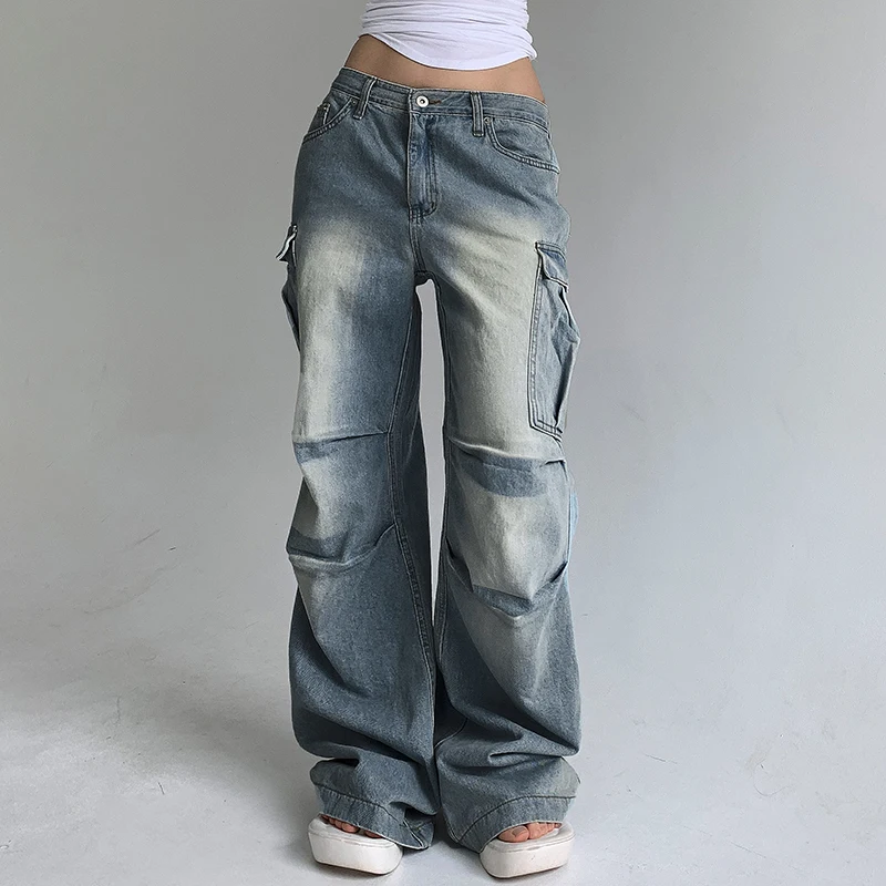 

Women Blue Cargo Pants Vintage Y2k Harajuku 90s Streetwear Aesthetic Baggy Emo Pants Oversize High Waist Trousers 2000s Clothes