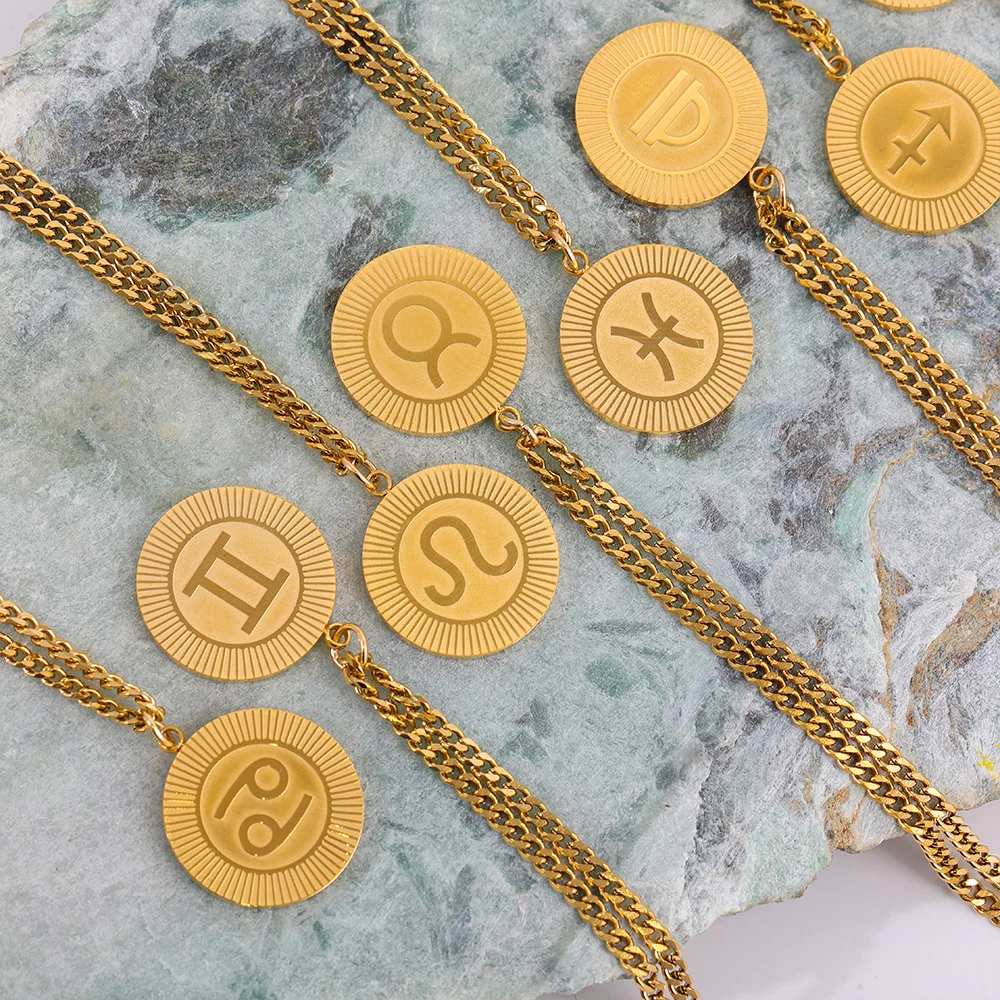 12 كوكبة رموز قلادة دائرية 18K مطلية بالذهب مقاوم للماء أسلوب فاسق جولة الرقبة مجوهرات هدية عيد ميلاد ل As #6