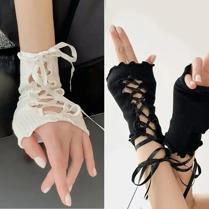 Y2k sarung tangan tanpa jari DIY Strapping lengan hangat jaring elastis lengan Lolita Jk Gothic Cosplay lengan pakaian aksesoris panas