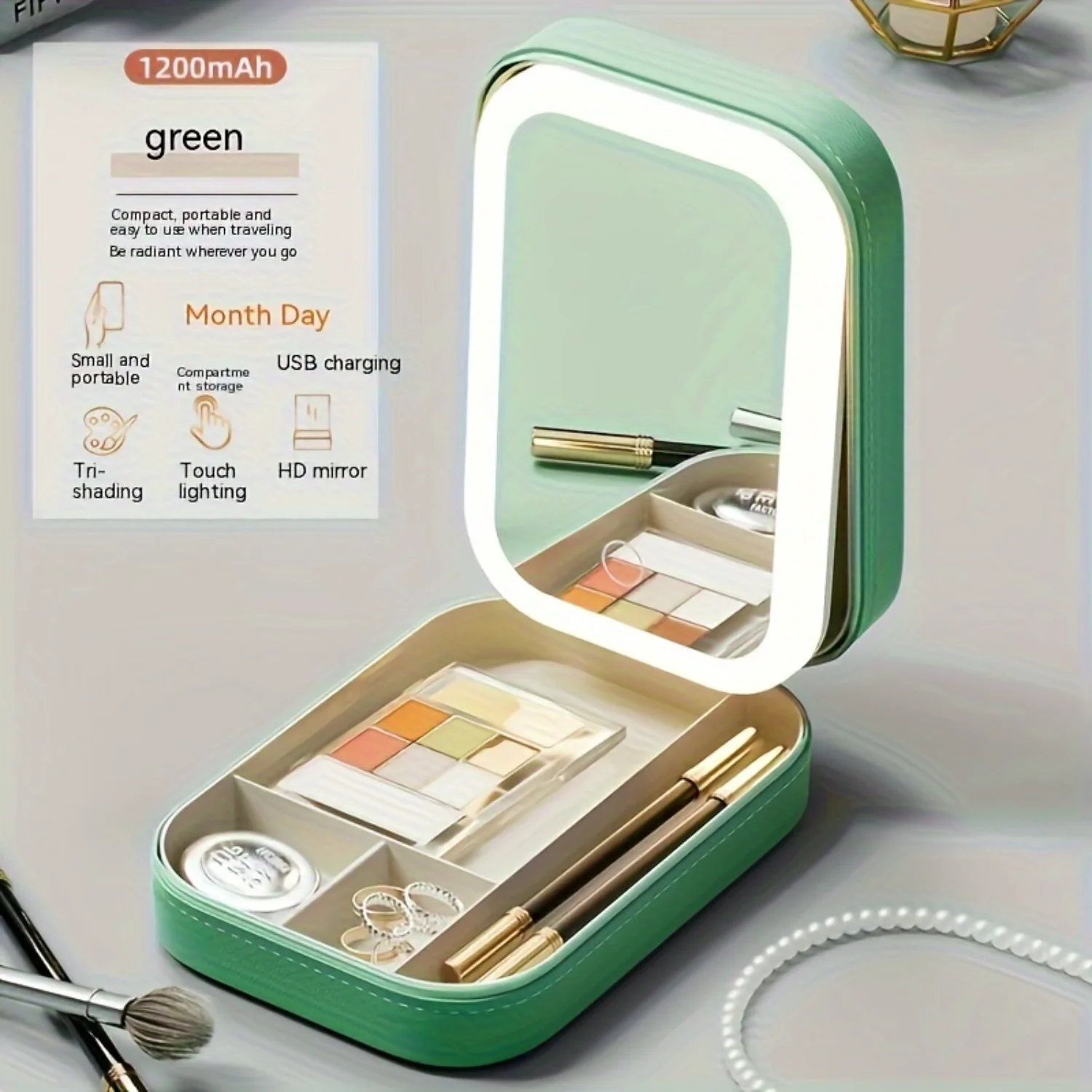 LED Illuminated Portable Makeup Mirror, Multi-Functional With 3-Color Lighting, Adjustable Folding Design, Jewelry  Compartment,