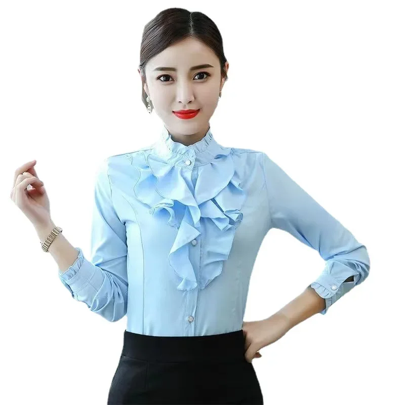 เสื้อฤดูใบไม้ผลิฤดูร้อนเกาหลีตุ๊กตาคอ Ruffle Edge เสื้อชีฟองผู้หญิงแขนยาว Professional Slims เรียบ Silhouette ของคุณ