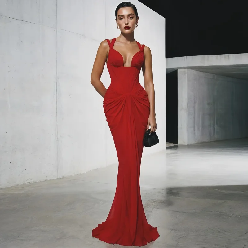 Sexy Sweetheart Mermaid Customized Vestido De Festa Elegant Spaghetti Strap Prom Dress High Quality Chiffon Pleats Evening Dress