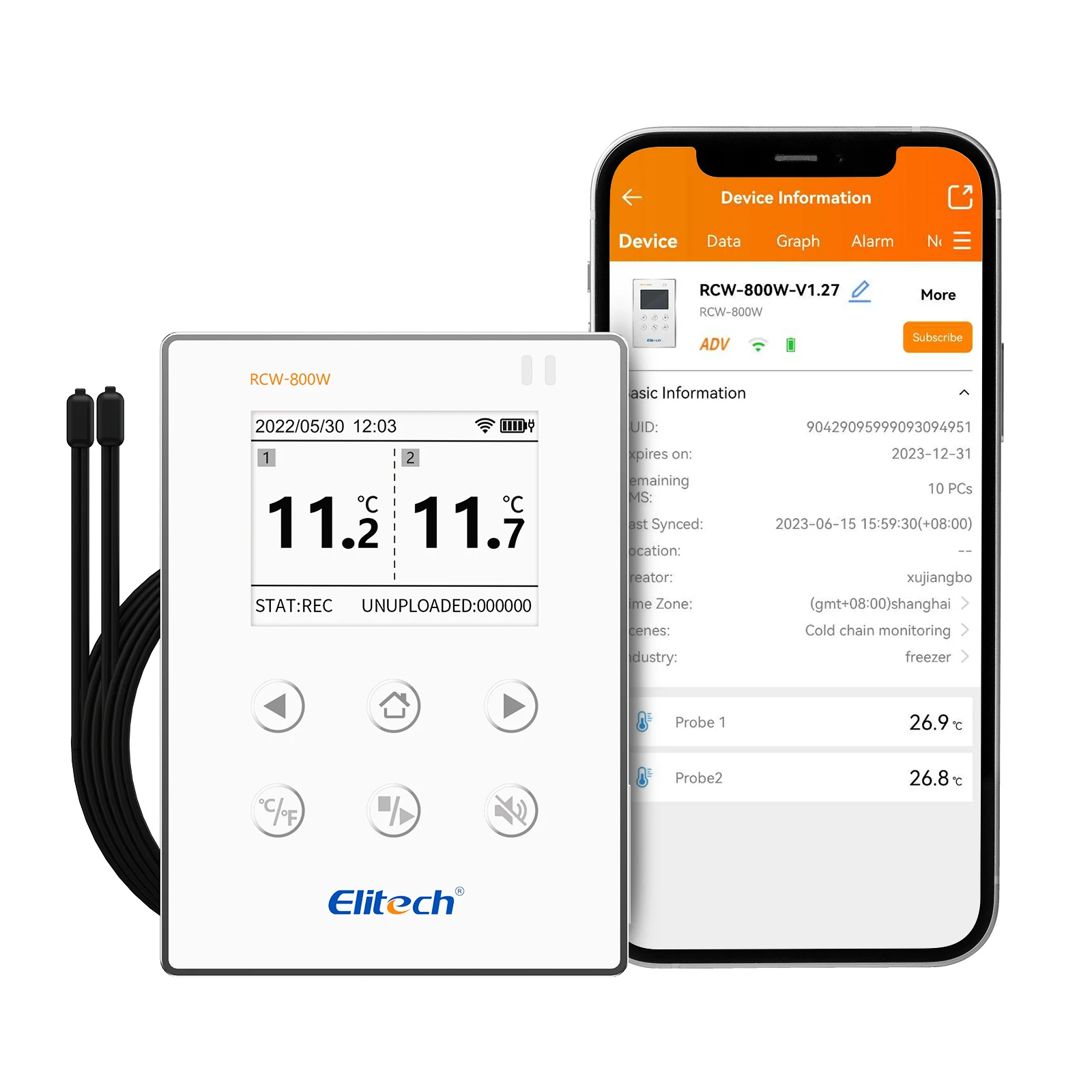 Elitech RCW-800W-TDE Wireless Digital Temperature Data Logger Cloud Data Storage WiFi Dual External Temp Probe