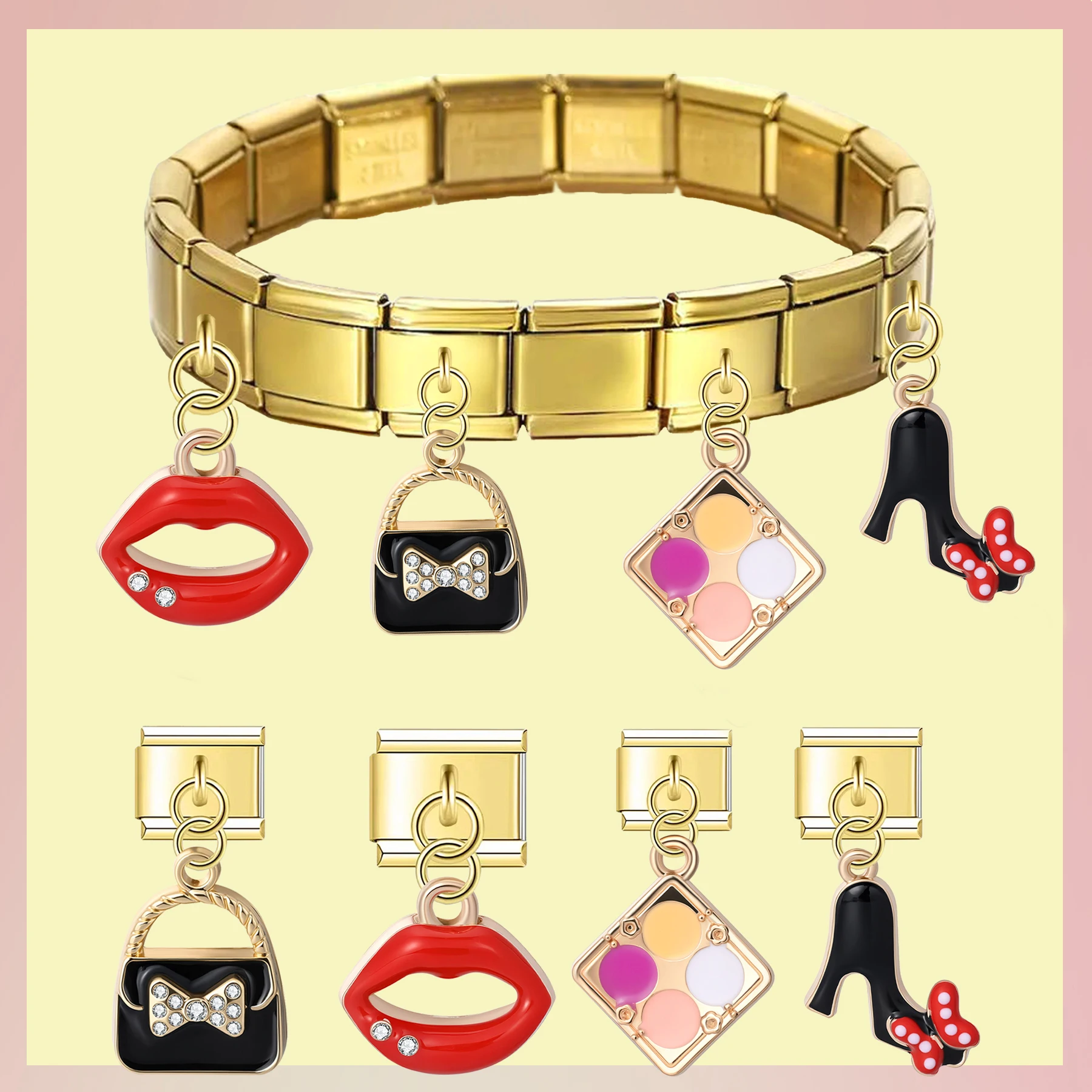 1Pc Fashion Element Pendant Red Lips Black High Heels Noble and Elegant Black Handbag Drip Oil Pendant -DIY Bracelet Necklace