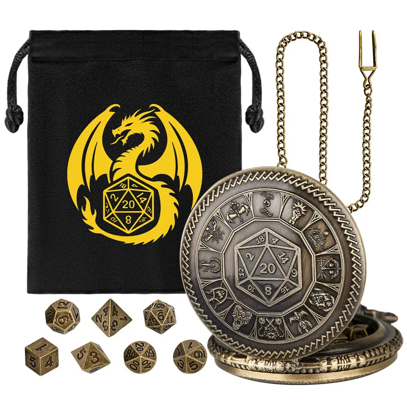 

Mini DND Dice Set Center Number Dice Pocket Watch Case Pendant Chain 7 Piece Tiny Polyhedral Dice Set for Role-play Gaming