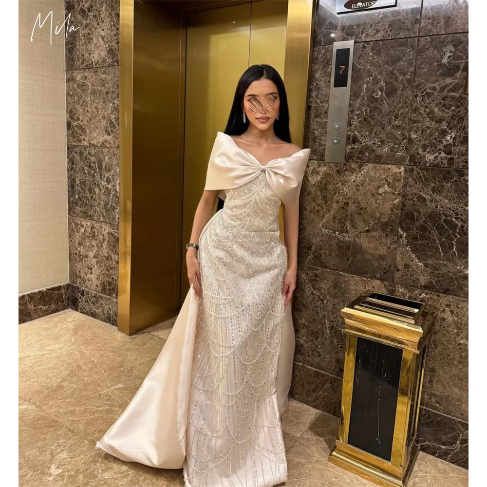 

Mila Bow Off the Shoulder Prom Dresses Shawl Sleeveless Customized Evening Dresses Sheath Floor-Length vestidos de fiesta 2025