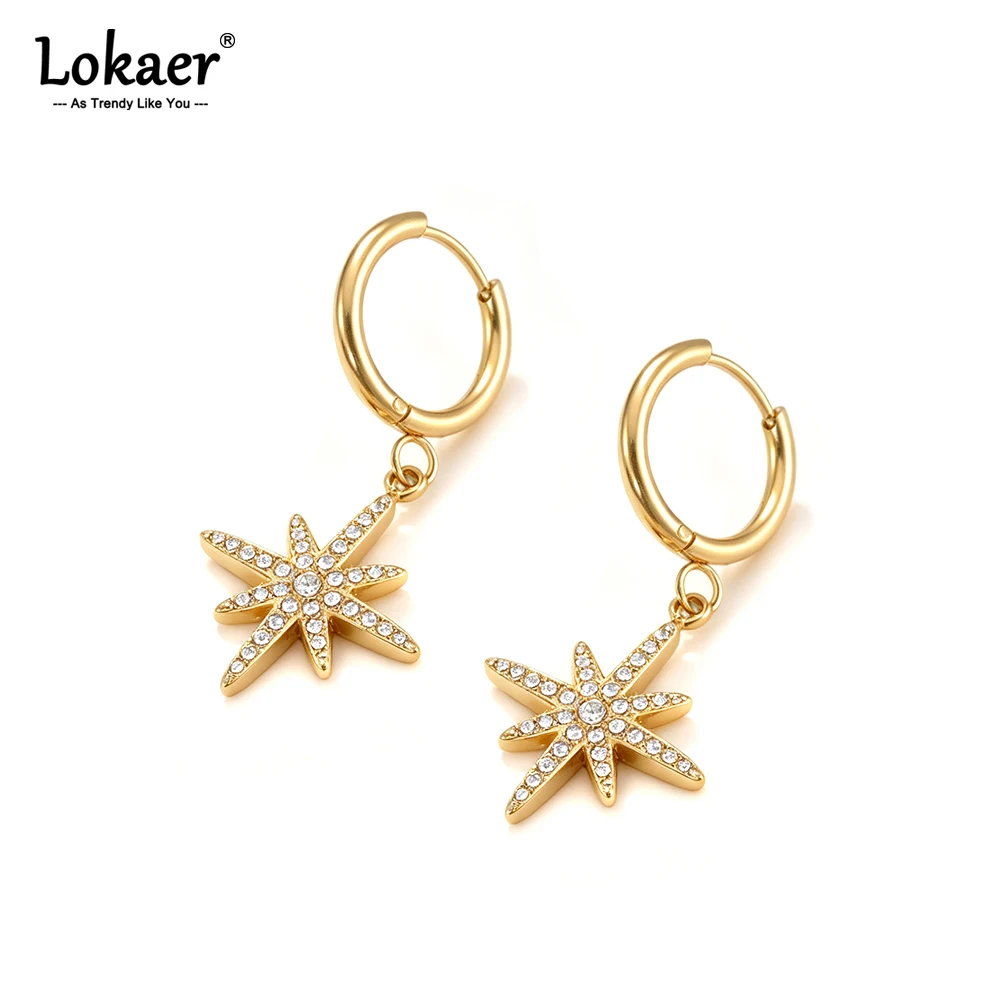 Lokaer Edelstahl Kubisches Zirkonium Funkelnde Stern-Ohrringe für Damen Goldfarbene Stern-Creolen Luxus-Schmuck Geschenk E26162