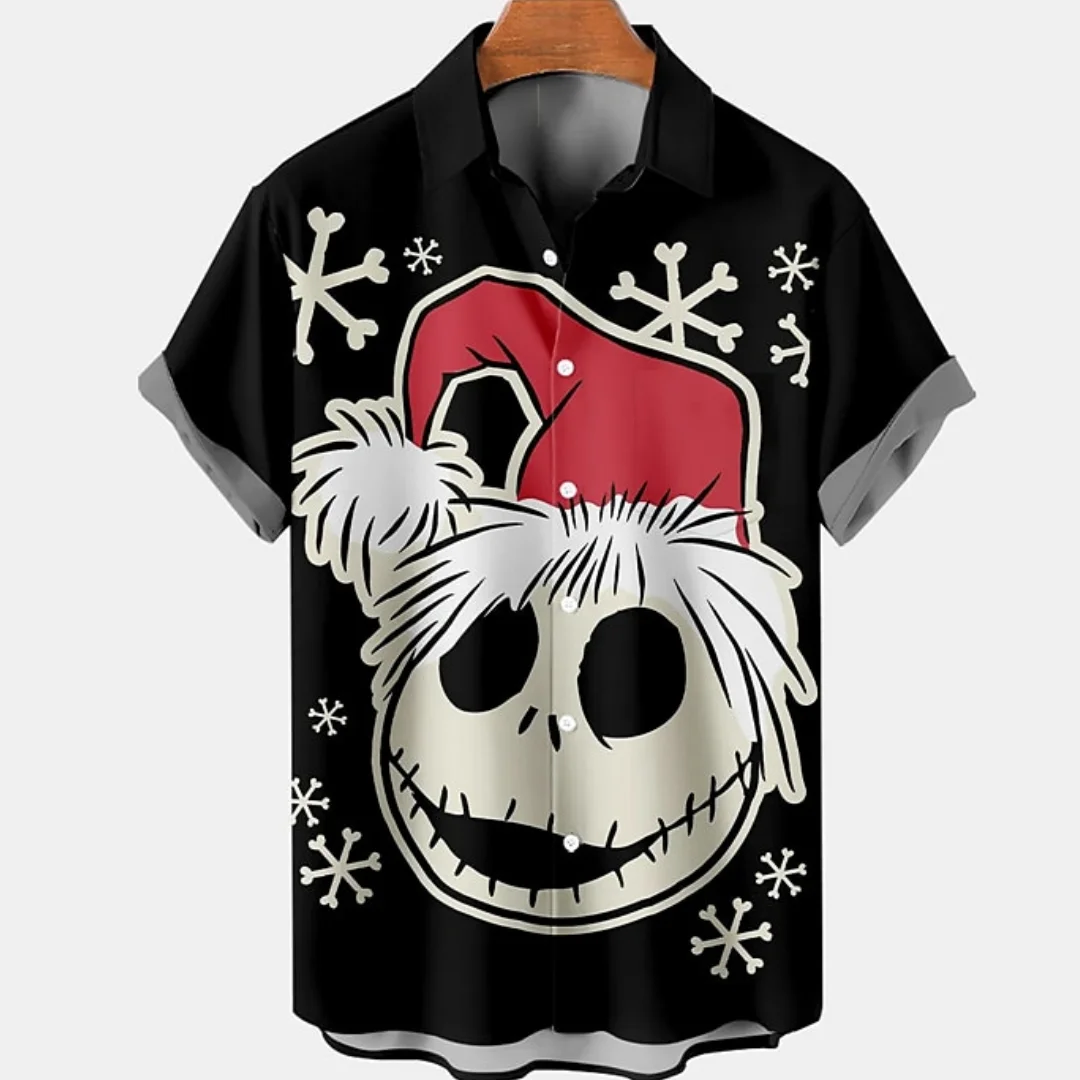 

Ugly Christmas Skull Print Men's Shirt Outdoor Christmas Men's Lapel Tops Street Fall Short Sleeve Plus Size Men's Leisure Shirt