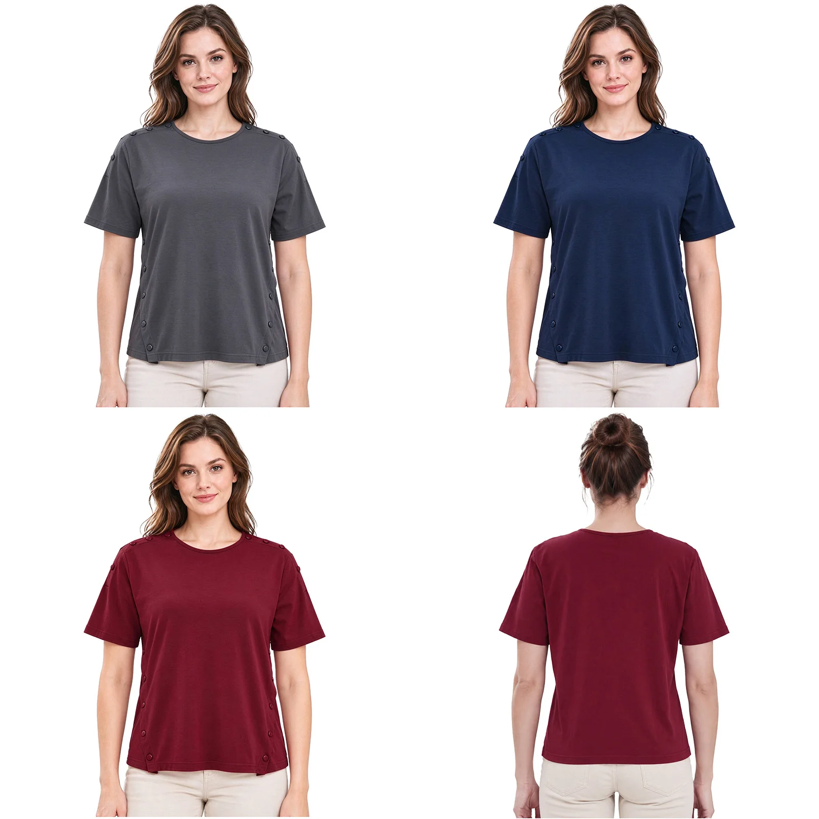 Women Adaptive Shirt Round Neck Short Sleeve Press Buttons Shoulders Sides Top for Home Post-operative Recovery
