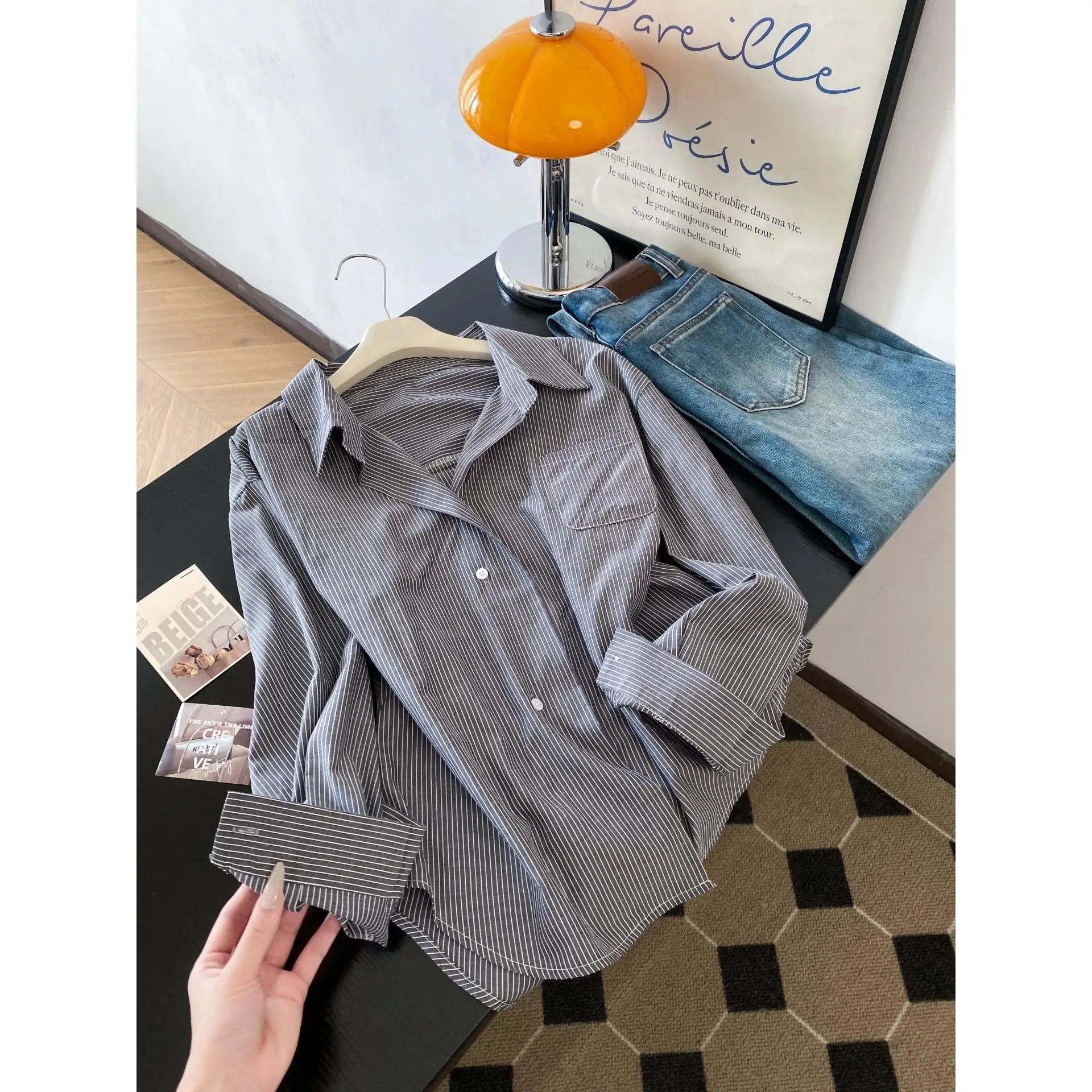 فريد طوق مخطط irt المرأة ربيع الخريف ملابس خارجية تصميم خاص الفرنسية Sle فضفاضة تناسب طويلة Sve الأعلى #3