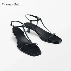 Mrxmus Dutit2024 New Spring Summer Women Genuine Leather T-strap Sandals Mid Heel Sandals Solid Casual Elegant Shoes Female Chic