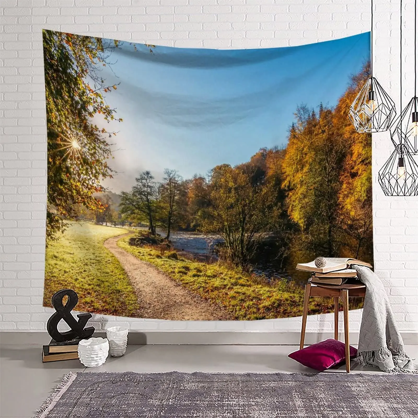 Forest Tapestry Morning Sun Rays Through Trees Summertime Countryside Scenic Wall Hanging for Bedroom Living Room Dorm Decor