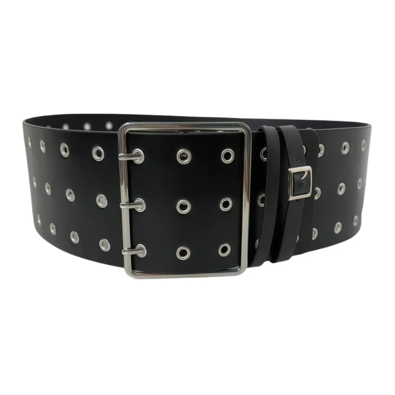 367C Western Gothic Wide Belt Punk Metal Eyelet Hollow Design Faux Leather Accessory