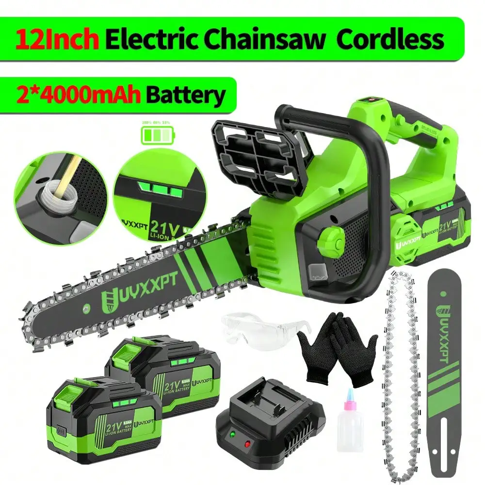 

21V 12-Inch Cordless Chainsaw Set - 12" Handheld Brushless Saw With Dual 4000mAh Batteries, Auto-Lubrication, Replacement Chain