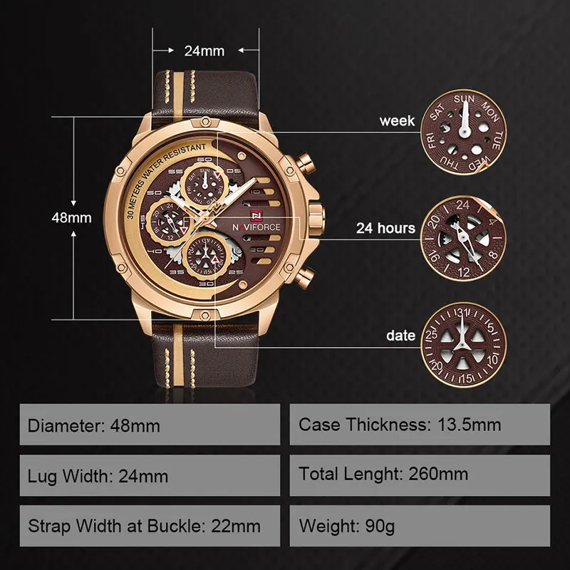 NAVIFORCE Big Dial Luxury Genuine Leather Quartz Watch for Men Business Fashion Multifunction Wristwatches Waterproof Male Clock