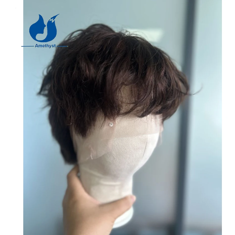 Amethyst Brown Color #3 Wavy Human Hair Bang Wig for Men with Sideburns Short Pixie Cut Brazilian Remy Hair Pre Styled Full Lace